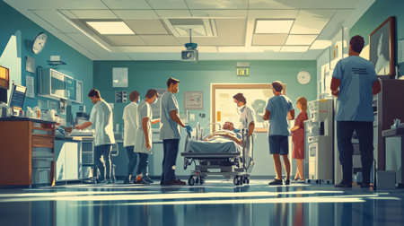 An emergency room scene with doctors and nurses treating a patientの素材