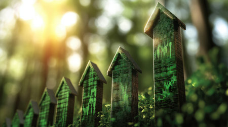 A visualization of stock market growth, with green arrows and upward trendsの素材