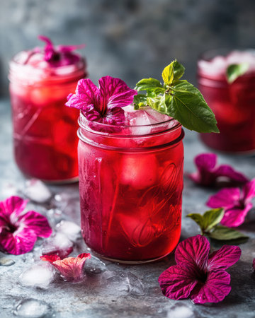 An iced hibiscus tea with a vibrant red color in a glass jarの素材