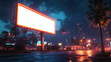 A 3D render of a blank billboard in a neon-lit city at nightの素材