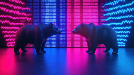 Bull and bear statues facing each other in front of a large stock market screenの素材
