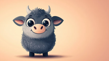 A cute cartoon cow, round body, grey fur, large eyes, lively expression, cartoon style with simple gradient backgroundの素材