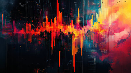 Artistic representation of the stock market crash, with falling charts and abstract chaosの素材