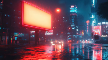 A 3D render of a blank billboard in a neon-lit city at nightの素材