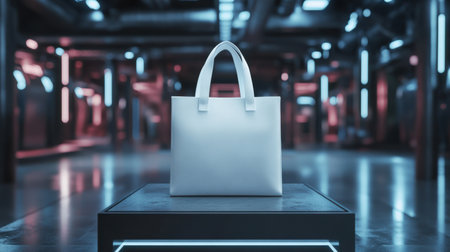 A 3D render of a blank tote bag on a futuristic display standの素材