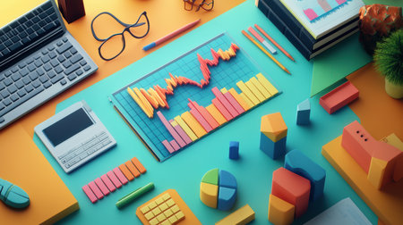 An investor's workspace with stock market data visualized as geometric shapesの素材