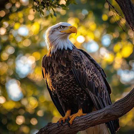 A bald eagle perched on a high branch, looking down.の素材