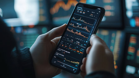 Hands holding a smartphone displaying a stock trading app with real-time chartsの素材