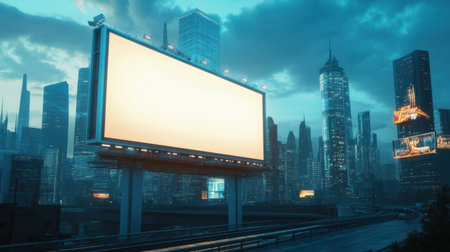 A 3D render of a blank billboard on a futuristic skyscraperの素材
