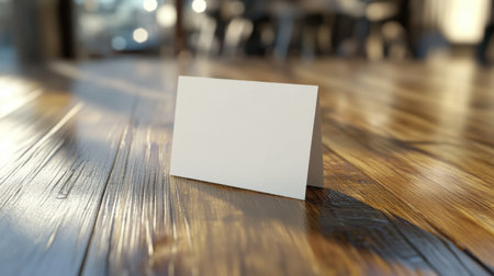 A 3D render of a blank business card on a polished wooden deskの素材