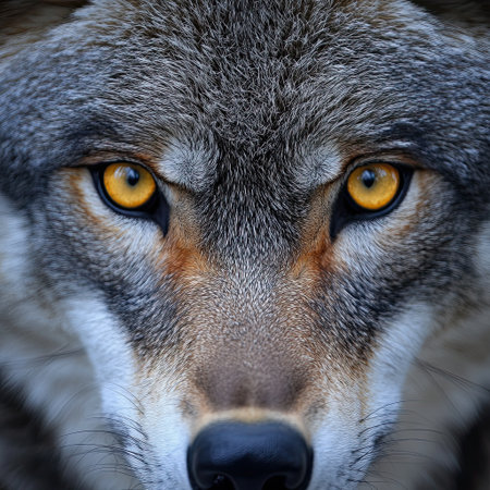 A close-up of a wolfs face, with its piercing yellow eyes.の素材
