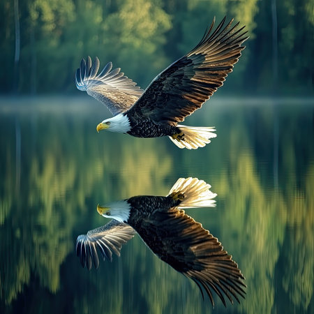 A bald eagle flying over a lake, its reflection visible in the water.の素材