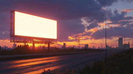 A 3D render of a blank digital billboard on a highway at sunsetの素材
