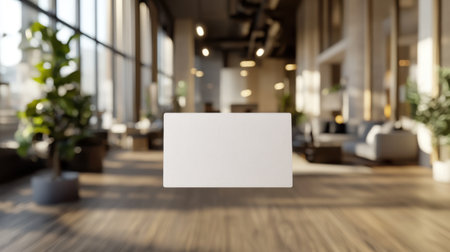A 3D render of a blank business card floating in a modern officeの素材