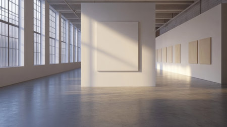 A 3D render of a blank canvas hanging in a minimalist art galleryの素材