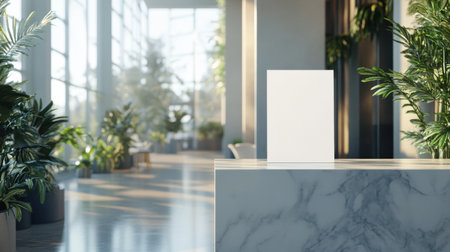 Blank white posterle counter in modern office lobby. 3D renderingの素材
