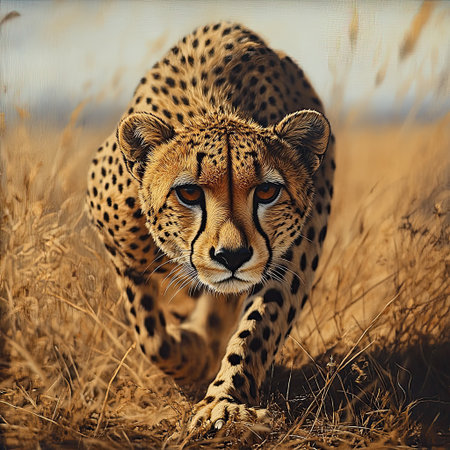 A cheetah crouching low, ready to sprint after its prey.の素材