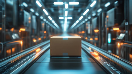 3D rendering of a cardboard box on a conveyor belt in a warehouseの素材