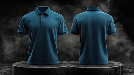 3D Mockup of a indigo polo shirt, showing both the front and back of the shirt on a pedestal, black background with smoke.の素材