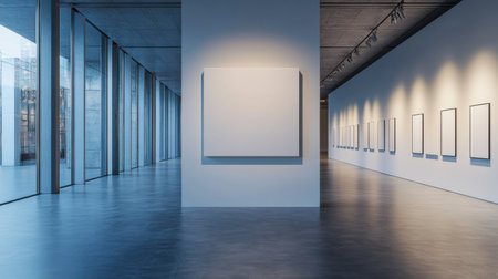 A 3D render of a blank canvas on a wall in a modern galleryの素材