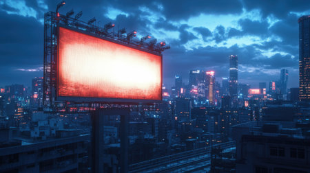 A 3D render of a blank billboard on a building in a futuristic cityの素材