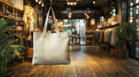 Elegant white bag hanging on hook in shop, closeupの素材