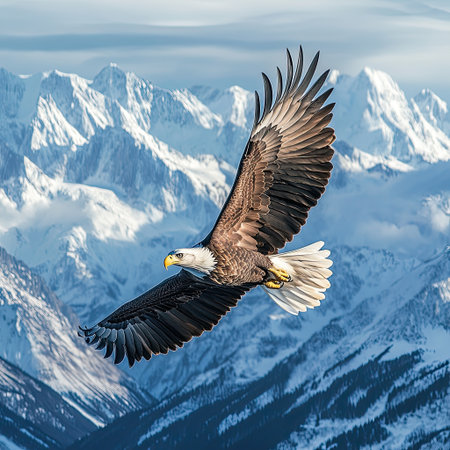 A bald eagle flying over a mountain range.の素材