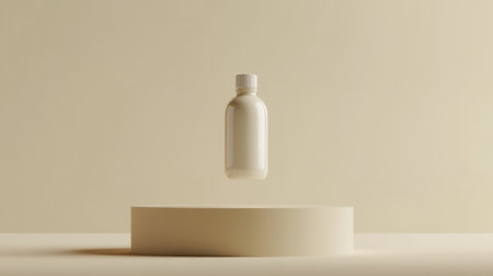 3d render of white cosmetic bottle on beige background. Mock up.の素材