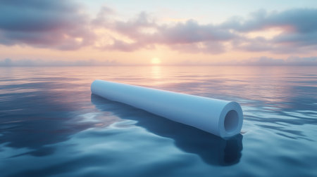 Plastic pipe in the sea at sunset. 3d render illustrationの素材