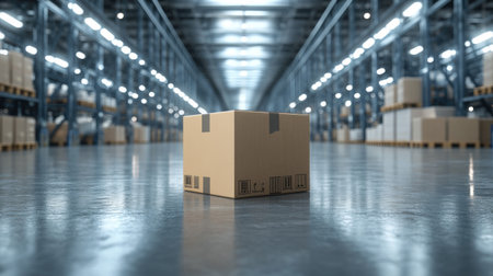 A 3D render of a blank product box in a high-tech warehouseの素材