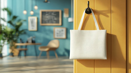A 3D render of a blank canvas bag hanging on a hook in a trendy boutiqueの素材