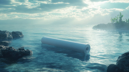 Plastic tube in the sea. 3d render. Concept of environmental pollution.の素材