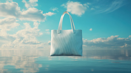 Illustration of a white canvas bag floating on water surface with clouds in the backgroundの素材