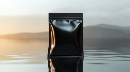 A 3D render of a blank packaging pouch on a reflective surfaceの素材