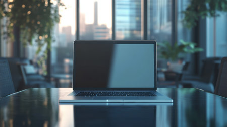 A 3D render of a blank screen laptop on a glass conference tableの素材