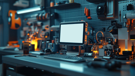 A 3D render of a blank screen smartwatch on a high-tech workbenchの素材