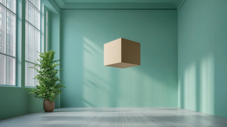 Empty room with green wall and wooden floor, 3d rendering.の素材