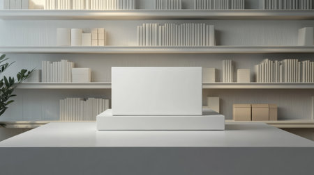 A 3D render of a blank product box on a digital display shelfの素材