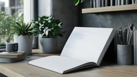 A blank magazine page in an open spread on a modern deskの素材