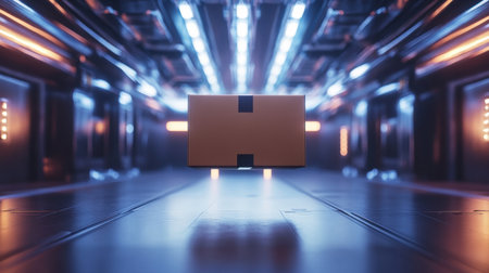 3D rendering of a cardboard box on a floor in a warehouseの素材