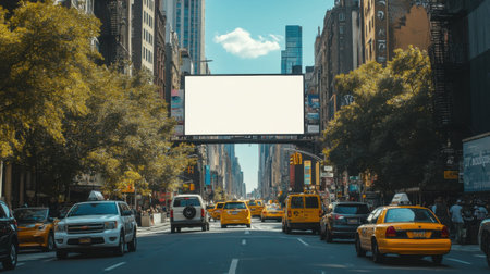 A blank billboard in a busy city street for outdoor advertising mockupの素材