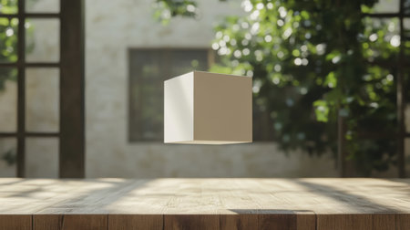 3d rendering of a white box on a wooden table in a roomの素材