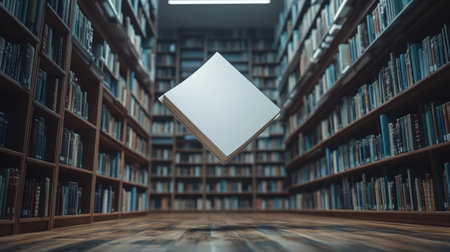A 3D render of a blank book floating in a modern libraryの素材