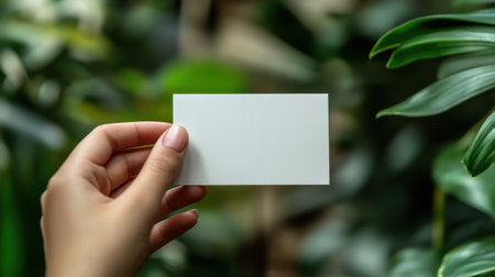 A blank business card held by a hand in a minimalistic settingの素材