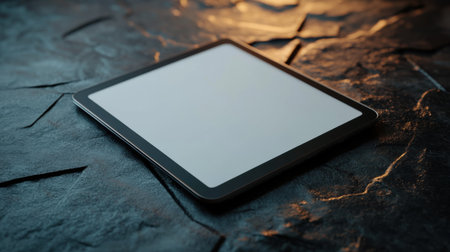 A 3D render of a blank screen tablet on a digital workspaceの素材