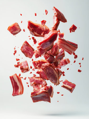 Imagine ROASTED, cooked slices of red pork, cut into convenient rectangular shapes, flying through the air. Background is a simple, solid white color. ultra - 50, Super - Resolution, Photorealistic, hyper - detailed,の素材