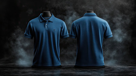 3D Mockup of a indigo polo shirt, showing both the front and back of the shirt on a pedestal, black background with smoke.の素材