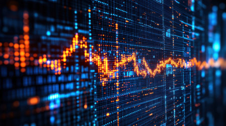 Stock market data represented as a flow of numbers and symbols in a digital spaceの素材