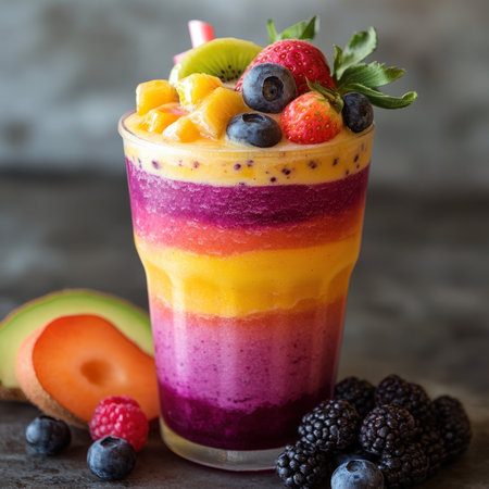 A colorful slushie with layers of different fruit flavorsの素材