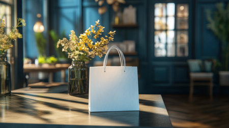 A blank shopping bag on a counter in a stylish boutiqueの素材